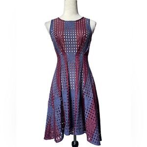 Eva Franco Anthro Navy & Burgundy “Samantha” Fit & Flare Eyelet Hi/Low Dress(0P)